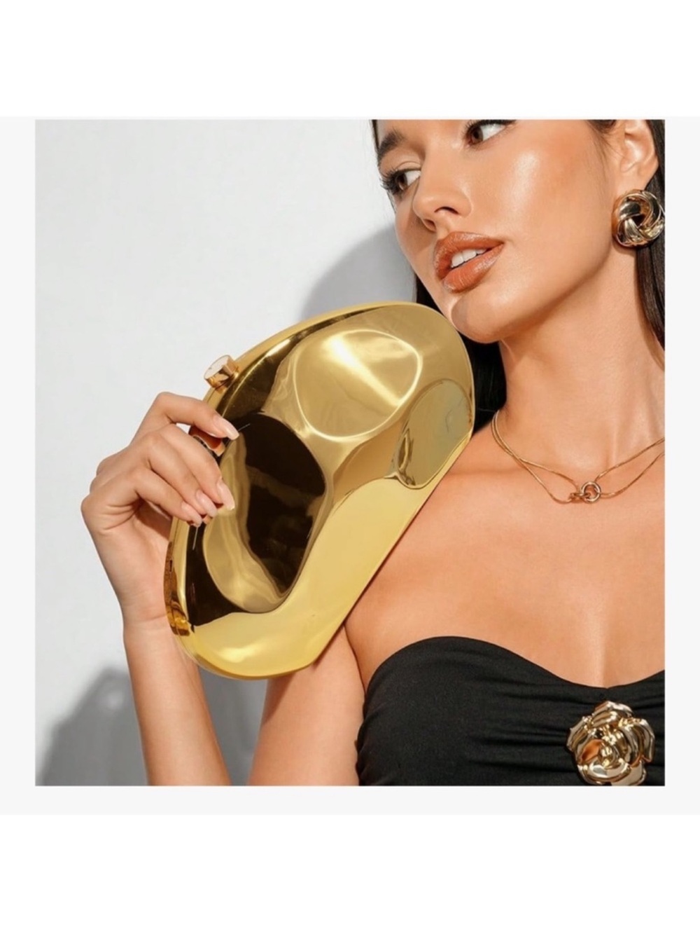 Gold Clutch for Women- Evening Bag, Metallic Purse Box Chain Handbag NWT